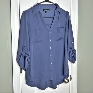 Fortune + Ivy Solid Blue Roll Tab Sleeve Button Down Blouse High Low Hem Small